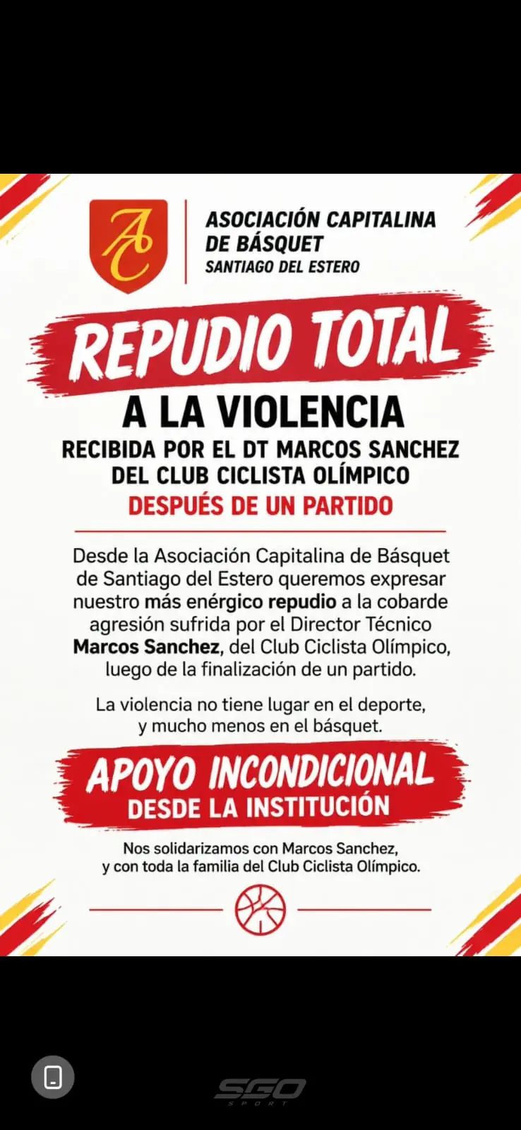 Crece el repudio en el básquet santiagueño: Quimsa, Independiente, ACISEBA y Newbery se solidarizaron con Marcos Sánchez